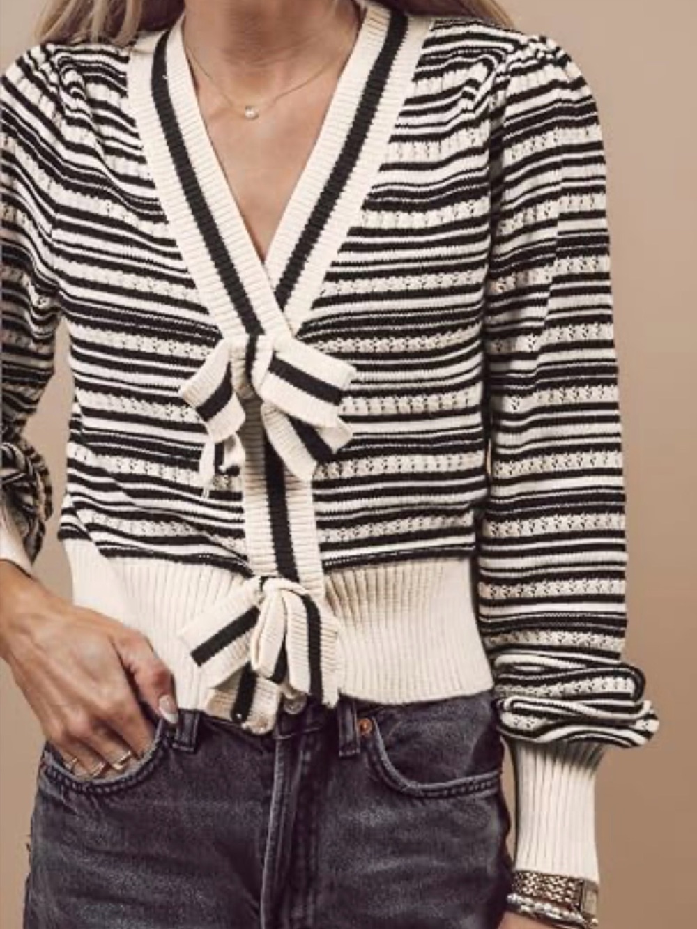 Express Black and Cream Striped V-Neck Tie-Front Cardigan